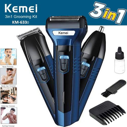 Kemei 3-in-1 Professional Grooming Kit KM-6330 – Rechargeable Shaver, Beard & Nose Trimmer Set